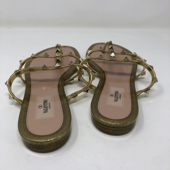 Valentino Studded Thong Flip Flop Sandal Womens 40 9 Gold Designer Old Money - Picture 2 of 9